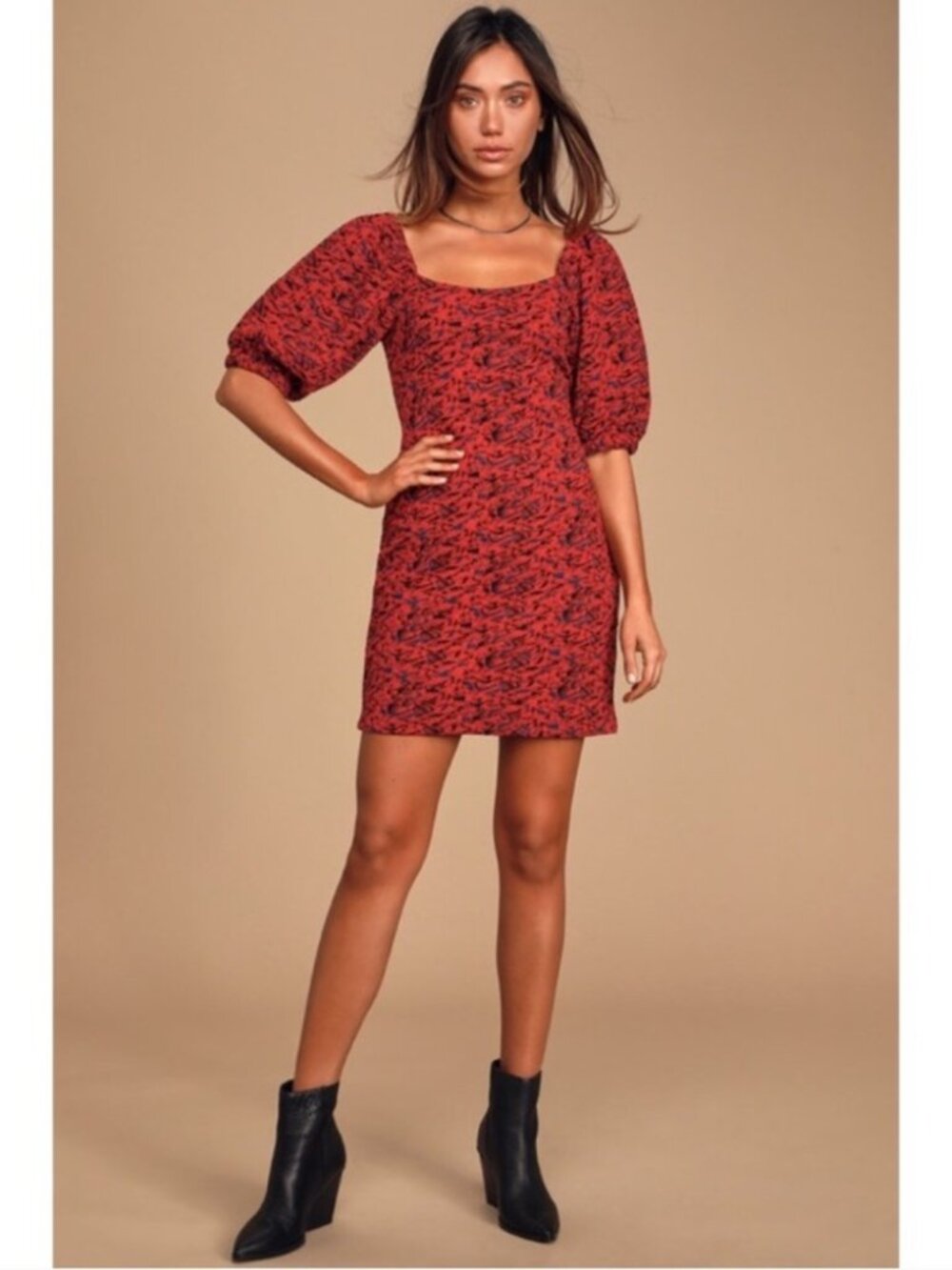 Free People Sunset Red Mini Dress Puff Sleeve Square Neck Size Small
